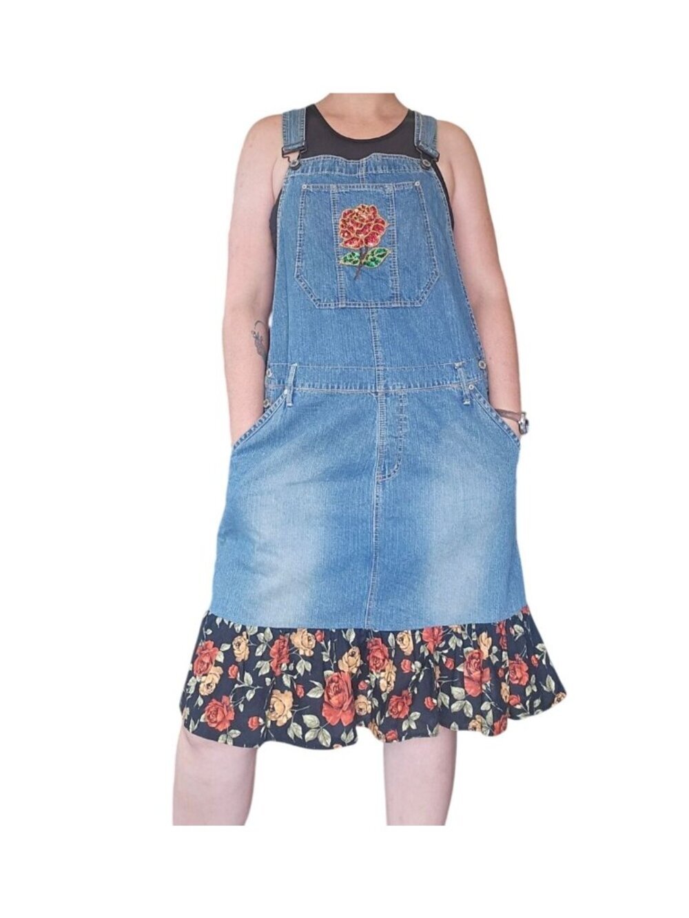Upcycled Faded Glory y2k Overalls Dress Women's Size Missy 18 Boho Casual Floral